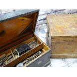 TWO 20TH CENTURY TOOL CHESTS, hinged lids and carry handles, one containg an assortment of