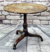 EARLY 19TH CENTURY OAK TRIPOD TABLE, boarded top on vase and column support, inverted cabriole legs.