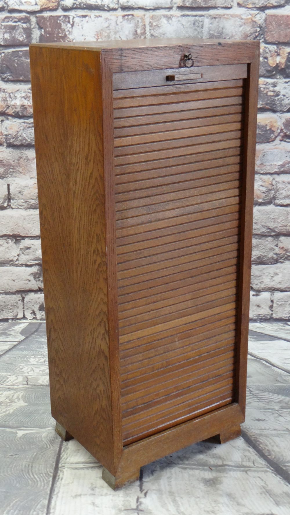 MID-CENTURY ELM TAMBOUR FRONT STATIONERY CABINET, fitted with 9 open faced drawers, key lock, 46.5 x - Image 3 of 14