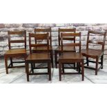 SIX 19TH CENTURY COUNTRY OAK DINING CHAIRS, with caddy moulded uprights and bar backs, sold seats