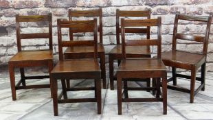 SIX 19TH CENTURY COUNTRY OAK DINING CHAIRS, with caddy moulded uprights and bar backs, sold seats