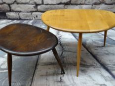 TWO ERCOL 'PEBBLE' OCCASIONAL TABLES, larger in pale elm, 65cms wide; smaller in dark elm, 50cms