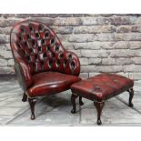 VICTORIAN-STYLE LEATHER SPOON BACK LIBRARY CHAIR & STOOL, red button upholstered and close nailed,