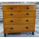 VICTORIAN BEECH CHEST, fitted five long and short drawers, later painted turned handles and feet,