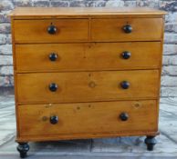 VICTORIAN BEECH CHEST, fitted five long and short drawers, later painted turned handles and feet,