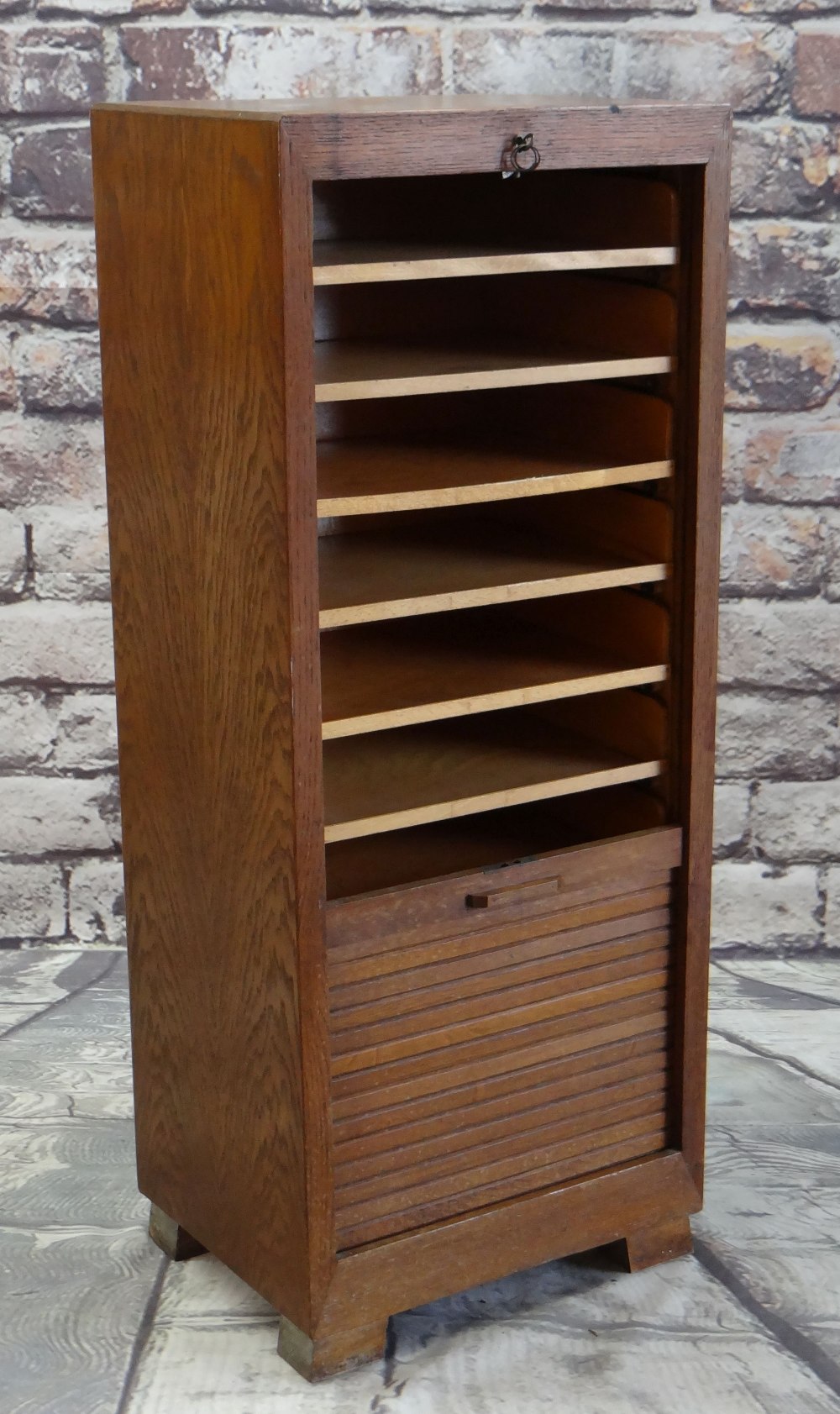 MID-CENTURY ELM TAMBOUR FRONT STATIONERY CABINET, fitted with 9 open faced drawers, key lock, 46.5 x