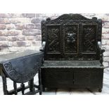 EARLY 20TH CENTURY CARVED & STAINED OAK BOX SETTLE and GATELEG TABLE, 105cms wide and 76cms wide