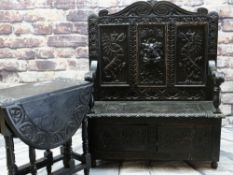 EARLY 20TH CENTURY CARVED & STAINED OAK BOX SETTLE and GATELEG TABLE, 105cms wide and 76cms wide