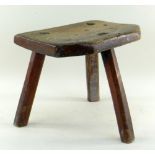 19TH CENTURY ELM 'COPPY' OR MILKING STOOL, seat with chamfered corners, 34cms wide Condition Report: