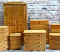 MODERN PINE BEDROOM SUITE, comprising two pairs of narrow chests, two other chests and a wardrobe (