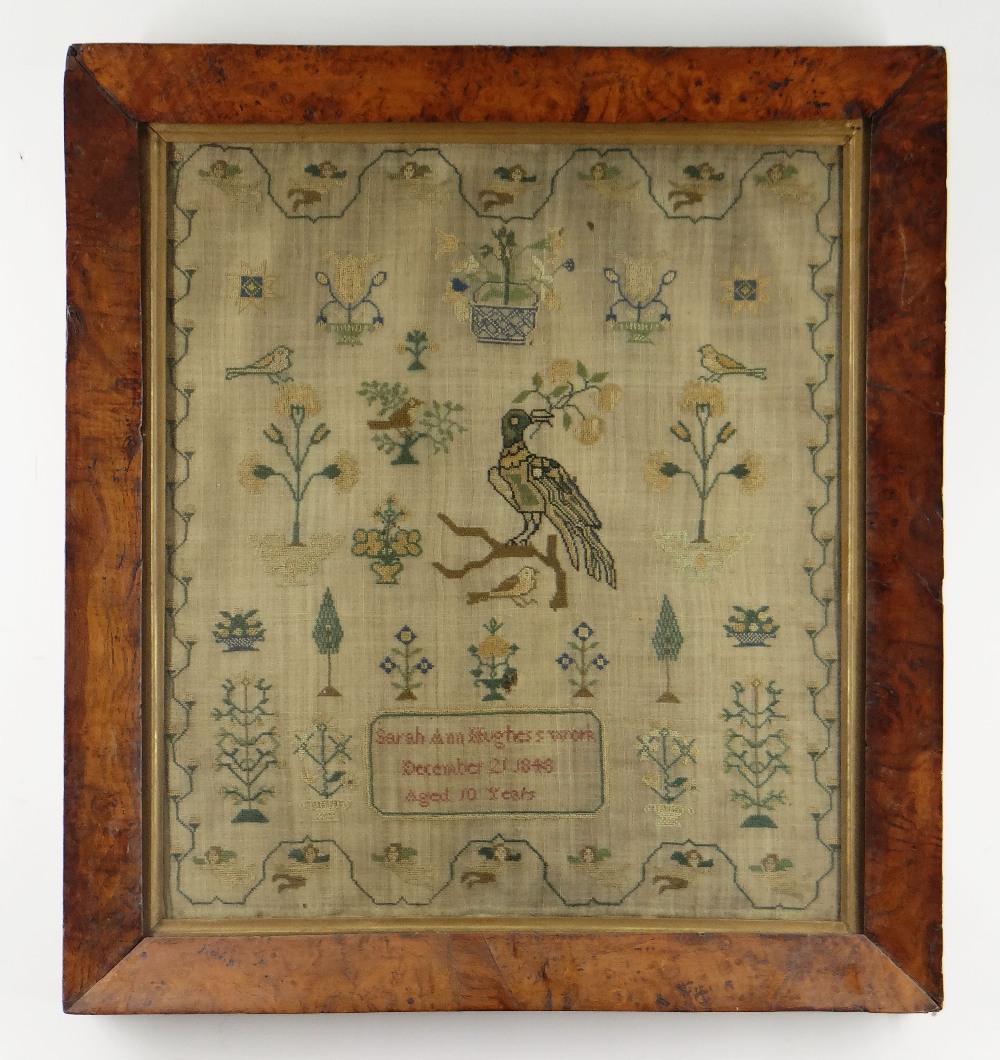 EARLY VICTORIAN NEEDLEWORK SAMPLER, by Sarah Ann Hughes, aged 10, 1848, decorated with flowering