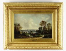 EARLY 19TH CENTURY SCHOOL oil on canvas - Landscape with figures by a pond, signed with initials JK,