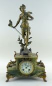 LATE 19TH CENTURY FRENCH GILT METAL & ONYX MANTEL CLOCK, floral painted porcelain dial in stepped