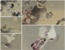 VARIOUS UKIYO-E ARTISTS five woodblock prints - OHARA KOSON pigeons, NAGAMACHI CHIKUSEKI grapevine