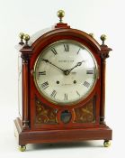 19TH CENTURY MAHOGANY BRACKET CLOCK, arched top with ball finials, 8-inch silvered dial signed