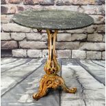 VICTORIAN CAST IRON & MARBLE GARDEN TABLE, painted pierced tripod base, circular top, 76cms diam.