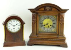 TWO 20TH CENTURY CLOCKS, comprising Edwardian mahogany arched timepiece, white enamel dial, brass