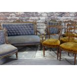 LATE VICTORIAN WALNUT & AMBOYNA MARQUETRY SALON SUITE, comprising settee, ladies and gentleman's