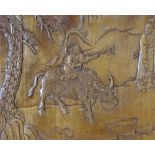 PAIR CHINESE SOFTWOOD CARVED CUPBOARD DOORS, each panel depicting figures in landscape, pavilions,