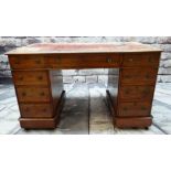 19TH CENTURY MAHOGANY PEDESTAL DESK, moulded and leather-inset top, fitted three drawers to each