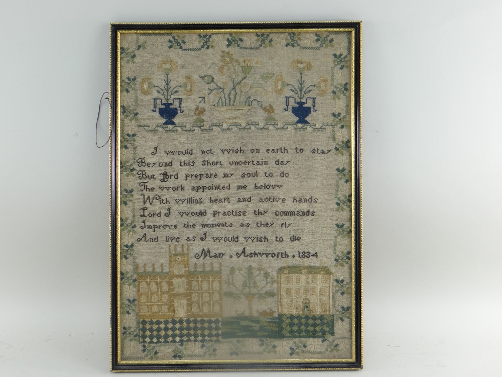 WILLIAM IV NEEDLEWORK SAMPLER, by Mary Ashworth 1834, decorated with flowering urns and squirrels - Image 2 of 8