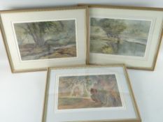 ARTHUR MILES watercolours, set of three - depicting Betws Newydd Churchyard, river and weir, all