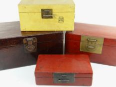 FOUR CHINESE LACQUERED DOCUMENT BOXES, red, brown and cream, all with metal clasp locks and side