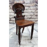 GEORGE IV GILLOWS-STYLE MAHOGANY HALL CHAIR, scallop shell moulded back above C-scrolls, boar's head