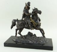 LATE 19TH CENTURY FRENCH PARCEL GILT BRONZE CAVALIER, on horseback failing to destra, on rectangular