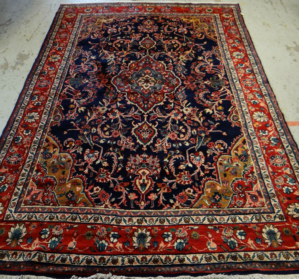 TABRIZ-STYLE RUG, red medallion on an indigo field with caramel and pink spandrels, red palmette - Image 2 of 3