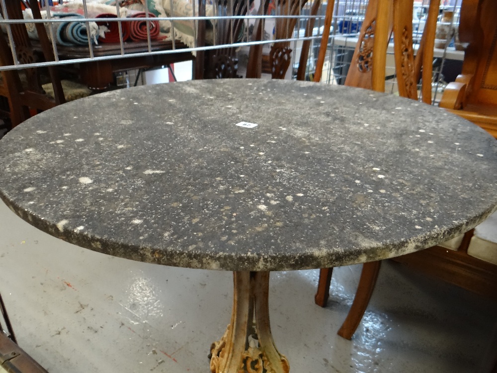 VICTORIAN CAST IRON & MARBLE GARDEN TABLE, painted pierced tripod base, circular top, 76cms diam. - Image 2 of 3