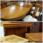 MODERN CHINESE HARDWOOD DINING SUITE, comprising extending dining table (203cms including extra