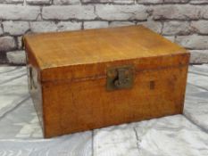 CHINESE STAINED PIGSKIN TRUNK, metal clasp lock and side handles, front panel with Chinese stamp, 84