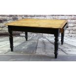 VICTORIAN STAINED PINE & PAINTED KITCHEN TABLE, fitted end frieze drawer, turned legs, 138 x