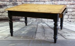 VICTORIAN STAINED PINE & PAINTED KITCHEN TABLE, fitted end frieze drawer, turned legs, 138 x