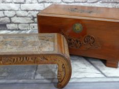 MODERN CHINESE CARVED CAMPHORWOOD TRUNK & SIMILAR COFFEE TABLE, trunk with carved figural and