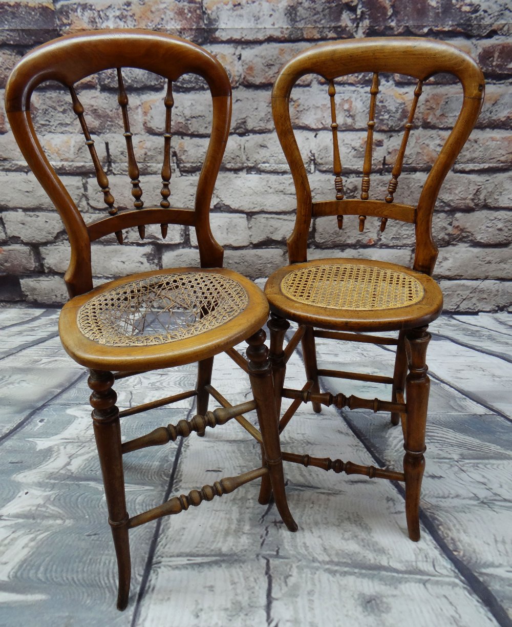 NEAR PAIR VICTORIAN BEECH CHILDRENS' CORRECTIONAL CHAIRS, balloon back and spindle splats, rattan