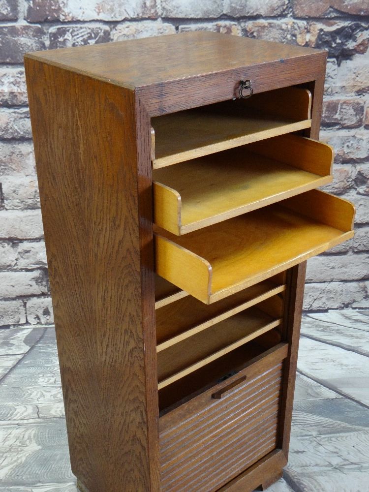 MID-CENTURY ELM TAMBOUR FRONT STATIONERY CABINET, fitted with 9 open faced drawers, key lock, 46.5 x - Image 2 of 14