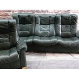 EKORNES 'STRESSLESS' GREEN LEATHER SETTEE & EASY CHAIR, both with reclining backs, settee 230cms