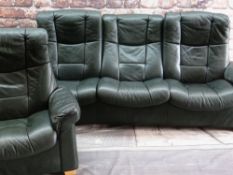 EKORNES 'STRESSLESS' GREEN LEATHER SETTEE & EASY CHAIR, both with reclining backs, settee 230cms