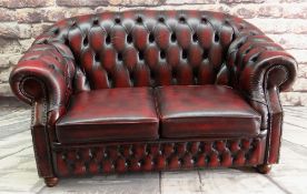 MODERN VICTORIAN-STYLE BURGUNDY LEATHER SETTEE, button upholstered and close-nailed, bun feet,