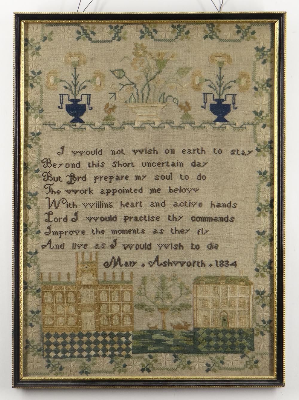 WILLIAM IV NEEDLEWORK SAMPLER, by Mary Ashworth 1834, decorated with flowering urns and squirrels
