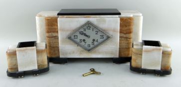FRENCH ART DECO CLOCK GARNITURE, caramel and bream marble and slate, with 8-day striking movement