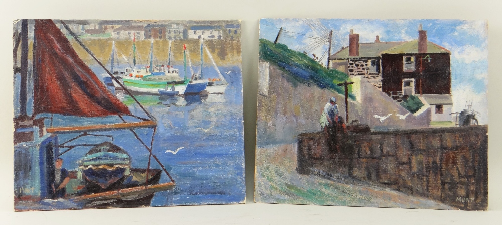 MARJORIE MORT (1906-1989) two oils on board - 'Mousehole' and 'Sitting on the Wall', signed and