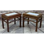 PAIR CHINESE ELM & PORCELAIN INSET TOP OCCASIONAL TABLES, 55 x 37cms (2)
