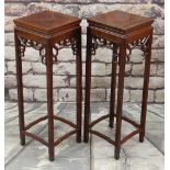 PAIR OF CHINESE HARDWOOD TALL SQUARE VASE STANDS, with fretwork friezes, 30 x 30 x 92cms (2)