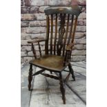 19TH CENTURY ELM LATHE-BACK WINDSOR ARM CHAIR, baluster turned uprights and legs, H-stretcher,
