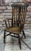 19TH CENTURY ELM LATHE-BACK WINDSOR ARM CHAIR, baluster turned uprights and legs, H-stretcher,