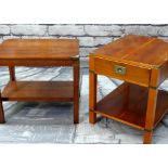 TWO MODERN YEW WOOD CAMPAIGN-STYLE BEDSIDE TABLES, each fitted with frieze drawer, later glass