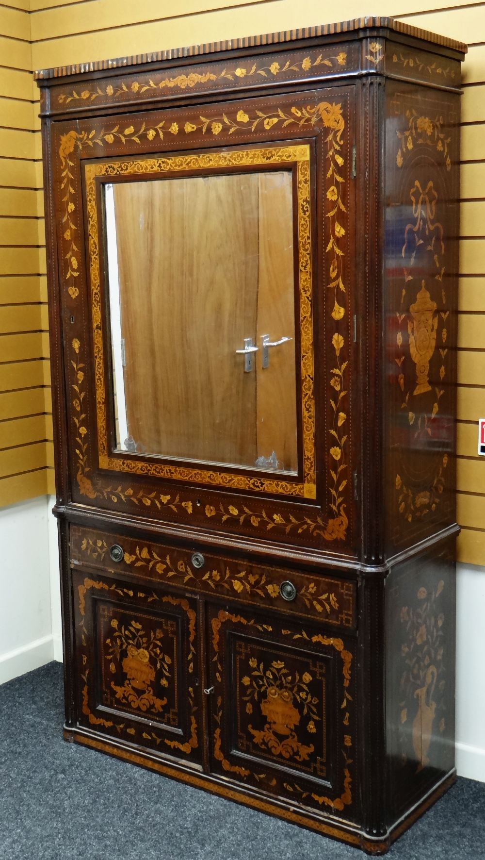 GOOD 19TH CENTURY DUTCH MARQUETRY WARDROBE stepped cornice above a single door with swivel mirror, - Image 3 of 22